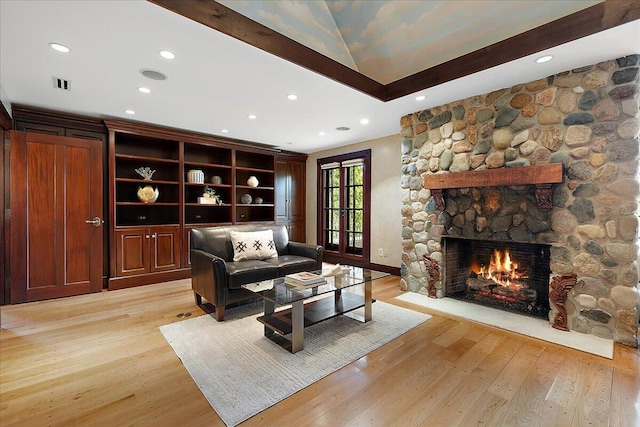 490 E Long Lake Rd, Bloomfield Hills, MI 48304 - living area with light wood finished floors, vaulted ceiling, a stone fireplace, and recessed lighting
