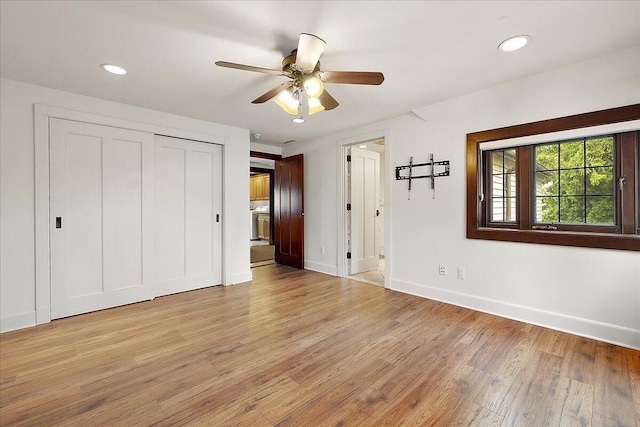 490 E Long Lake Rd, Bloomfield Hills, MI 48304 - unfurnished bedroom featuring baseboards, light wood-style floors, recessed lighting, a closet, and a ceiling fan