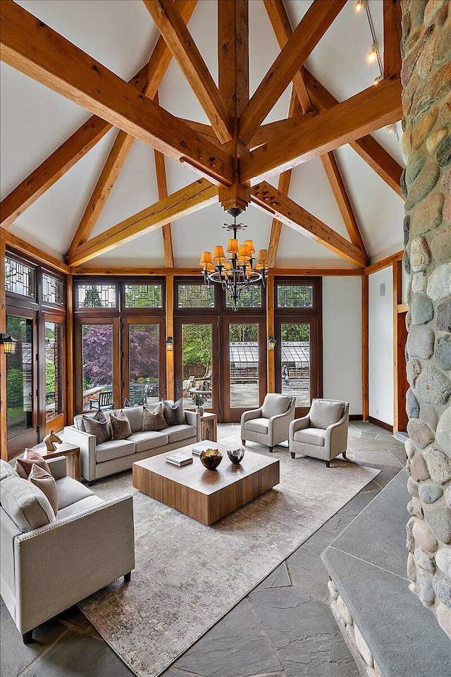 490 E Long Lake Rd, Bloomfield Hills, MI 48304 - living area with high vaulted ceiling, healthy amount of natural light, a chandelier, and beamed ceiling