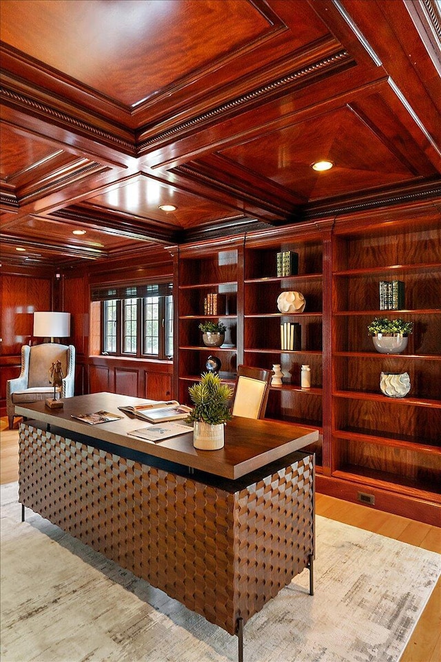 490 E Long Lake Rd, Bloomfield Hills, MI 48304 - home office with wooden ceiling, ornamental molding, coffered ceiling, wood finished floors, and wooden walls