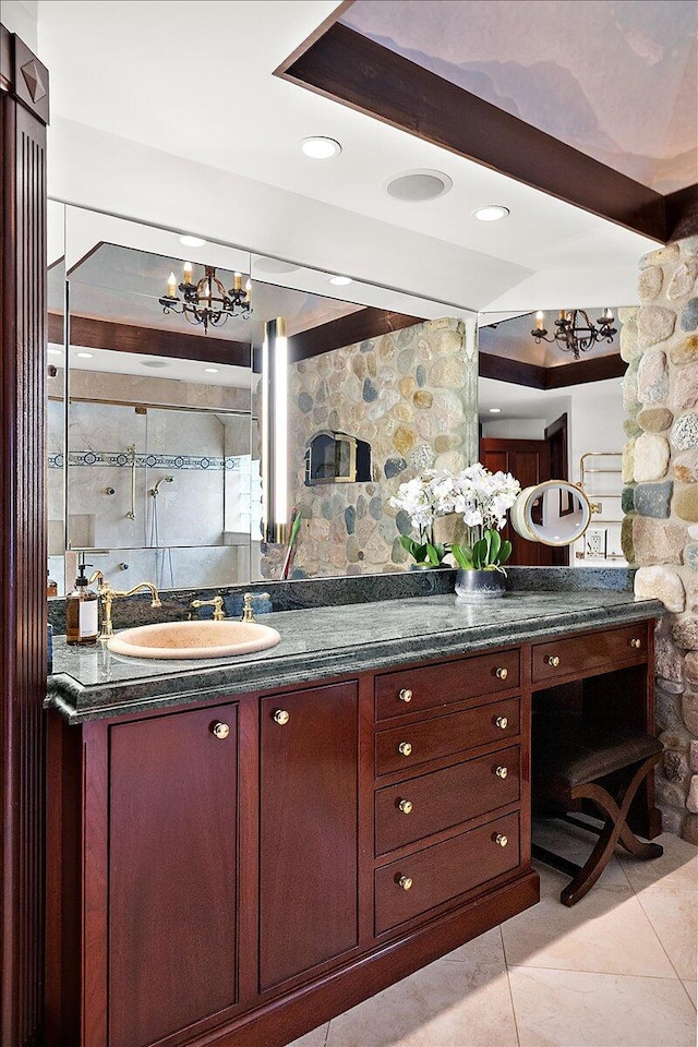 490 E Long Lake Rd, Bloomfield Hills, MI 48304 - full bathroom with a chandelier, double vanity, tile patterned flooring, and a shower
