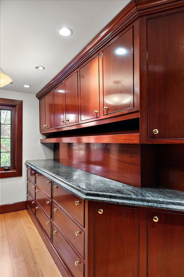 490 E Long Lake Rd, Bloomfield Hills, MI 48304 - kitchen featuring baseboards, dark countertops, light wood-style floors, and recessed lighting