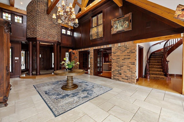490 E Long Lake Rd, Bloomfield Hills, MI 48304 - foyer featuring high vaulted ceiling, a chandelier, beam ceiling, stairs, and healthy amount of natural light