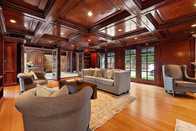 490 E Long Lake Rd, Bloomfield Hills, MI 48304 - interior space featuring coffered ceiling, wooden walls, ornamental molding, light wood finished floors, and wooden ceiling with exposed beams