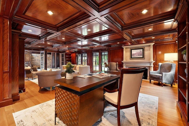 490 E Long Lake Rd, Bloomfield Hills, MI 48304 - office space with wooden walls, coffered ceiling, light wood-type flooring, beam ceiling, and crown molding