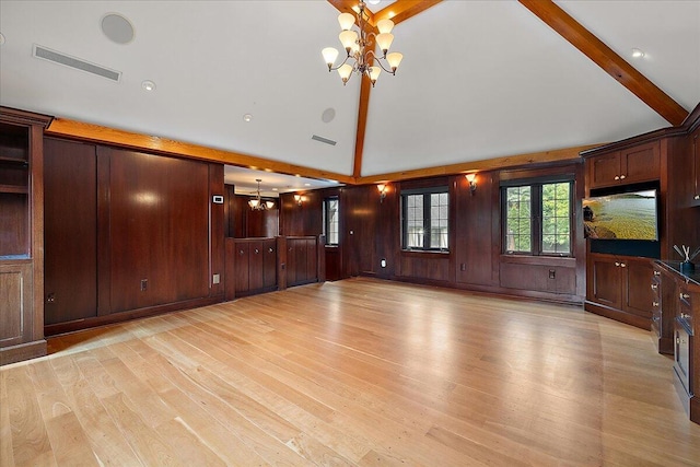 490 E Long Lake Rd, Bloomfield Hills, MI 48304 - unfurnished living room featuring a chandelier, high vaulted ceiling, light wood-style floors, and beamed ceiling