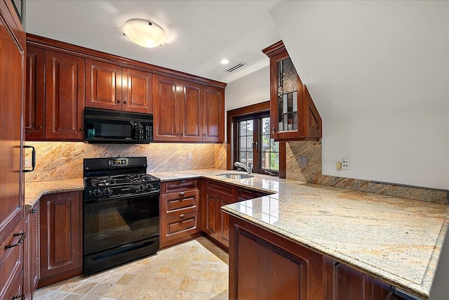 490 E Long Lake Rd, Bloomfield Hills, MI 48304 - kitchen featuring black appliances, light stone countertops, a sink, decorative backsplash, and glass insert cabinets