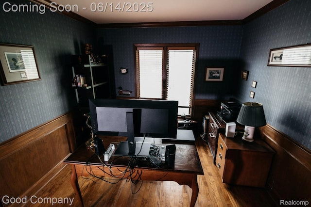 515 Oakbridge Dr, Rochester, MI 48306 - home office with wood finished floors, wallpapered walls, crown molding, and wainscoting