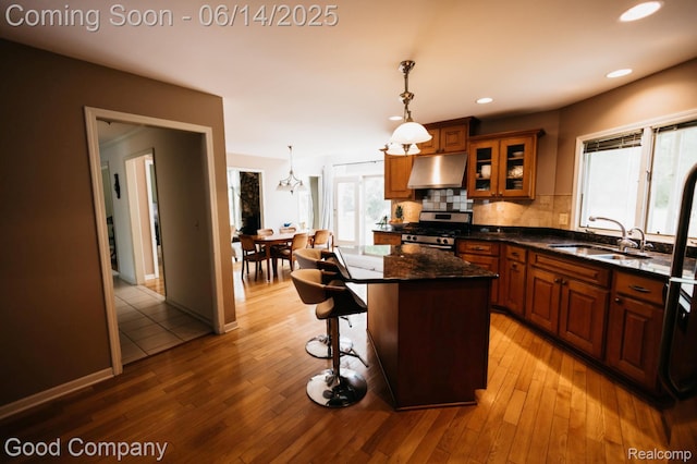 515 Oakbridge Dr, Rochester, MI 48306 - kitchen with stainless steel gas range oven, under cabinet range hood, glass insert cabinets, a breakfast bar area, and decorative backsplash