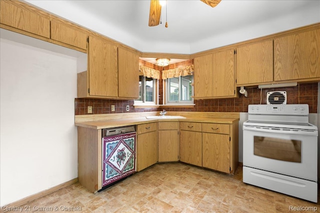 3183 Mildred St, Wayne, MI 48184 - kitchen with white electric stove, a sink, tasteful backsplash, light countertops, and stone finish flooring