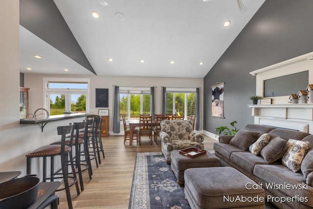 3732 E 128th St, Grant, MI 49327 - living area featuring high vaulted ceiling, light wood-style flooring, recessed lighting, and baseboards