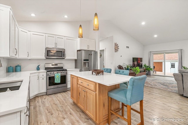 1200 Iroquois Trl, Hastings, MI 49058 - kitchen featuring stainless steel appliances, open floor plan, a breakfast bar, high vaulted ceiling, and light countertops