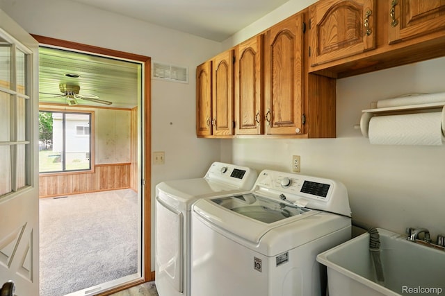 321 Myers Rd, Lapeer, MI 48446 - laundry room with washing machine and dryer, cabinet space, carpet floors, and ceiling fan