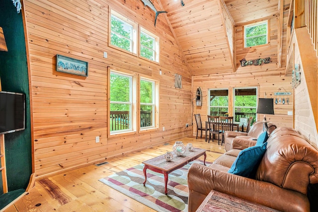 283 S Fremont Rd, Coldwater, MI 49036 - living area with wooden ceiling, wooden walls, high vaulted ceiling, and wood-type flooring