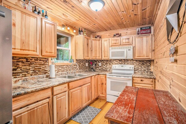 283 S Fremont Rd, Coldwater, MI 49036 - kitchen with white appliances, a sink, light brown cabinetry, backsplash, and wood ceiling