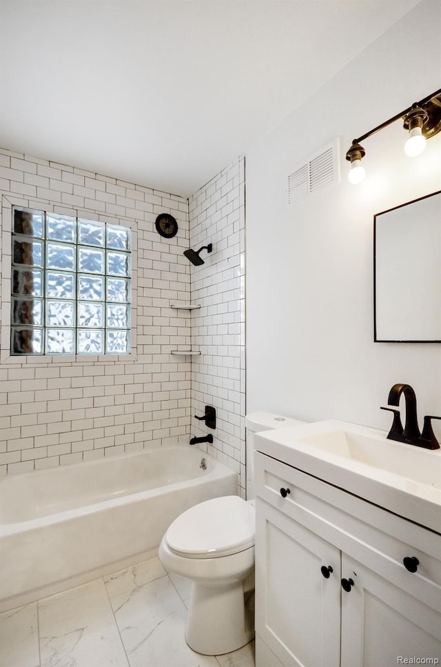 22813 Rosalind Ave, Eastpointe, MI 48021 - bathroom featuring vanity, marble look tiles, toilet, and shower / tub combination