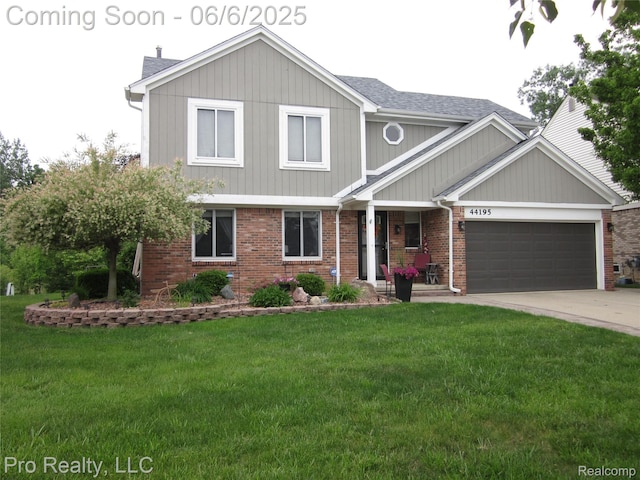 44195 Dartmouth St, Canton, MI 48188 - view of front of home featuring a garage, a front lawn, brick siding, and concrete driveway