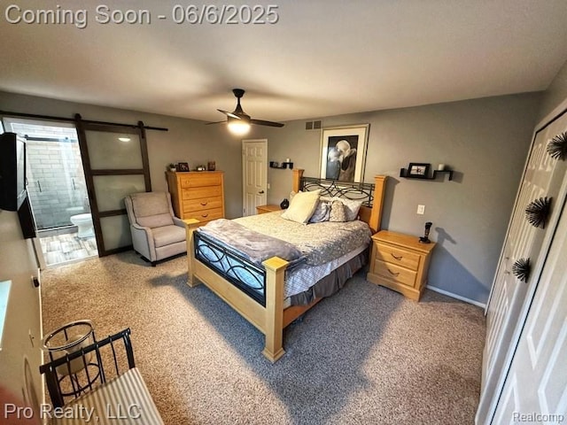 44195 Dartmouth St, Canton, MI 48188 - bedroom with carpet, a barn door, a closet, a ceiling fan, and baseboards