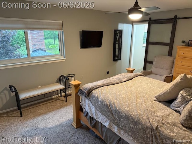 44195 Dartmouth St, Canton, MI 48188 - bedroom featuring carpet flooring, a barn door, and ceiling fan