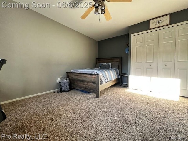 44195 Dartmouth St, Canton, MI 48188 - bedroom with carpet flooring, lofted ceiling, a closet, baseboards, and ceiling fan