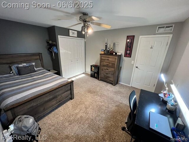 44195 Dartmouth St, Canton, MI 48188 - carpeted bedroom with a closet and a ceiling fan