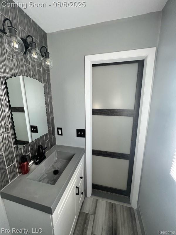 44195 Dartmouth St, Canton, MI 48188 - bathroom featuring vanity, wood finished floors, and backsplash