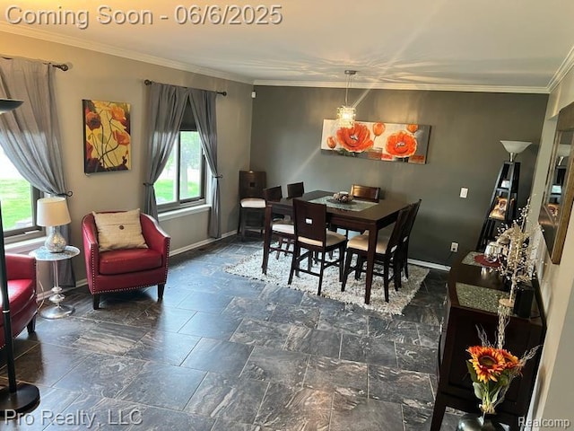44195 Dartmouth St, Canton, MI 48188 - dining area with crown molding, baseboards, and stone tile flooring