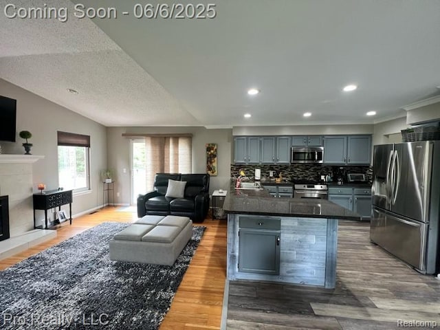 44195 Dartmouth St, Canton, MI 48188 - kitchen with appliances with stainless steel finishes, open floor plan, light wood finished floors, backsplash, and a fireplace with raised hearth