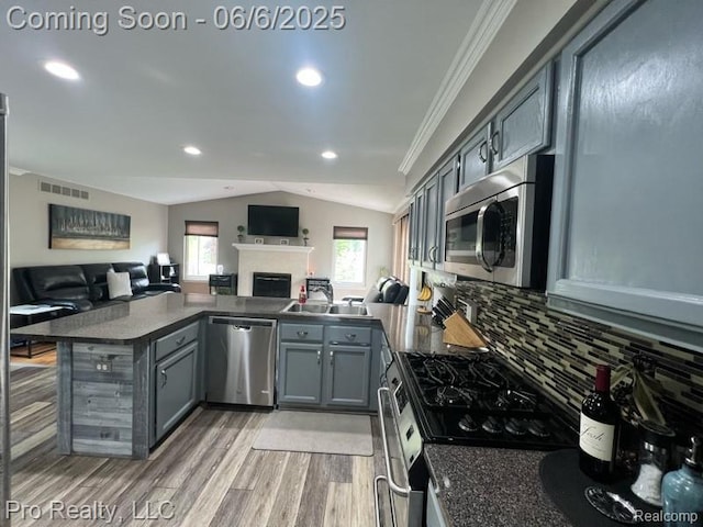 44195 Dartmouth St, Canton, MI 48188 - kitchen featuring appliances with stainless steel finishes, open floor plan, a peninsula, gray cabinetry, and lofted ceiling