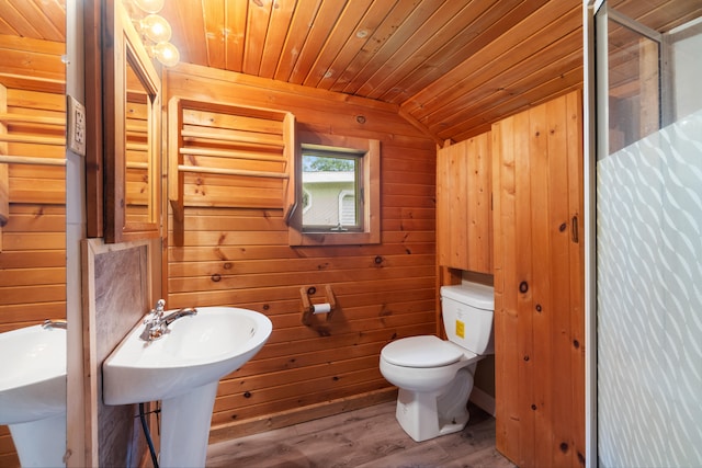 817 Annetta Ave, Jackson, MI 49203 - full bath with toilet, wooden ceiling, wood finished floors, wooden walls, and vaulted ceiling