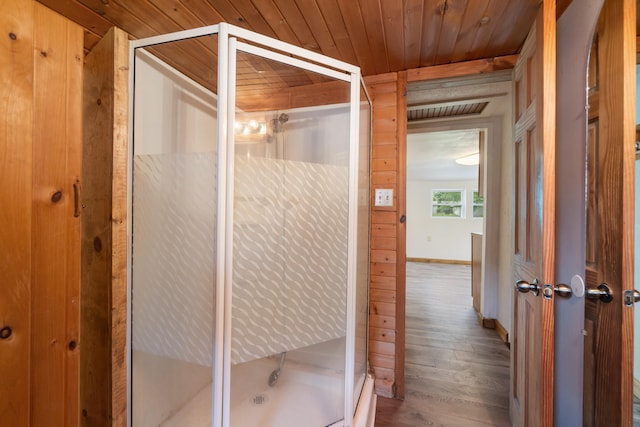 817 Annetta Ave, Jackson, MI 49203 - full bath with wood finished floors, wood ceiling, and a shower stall