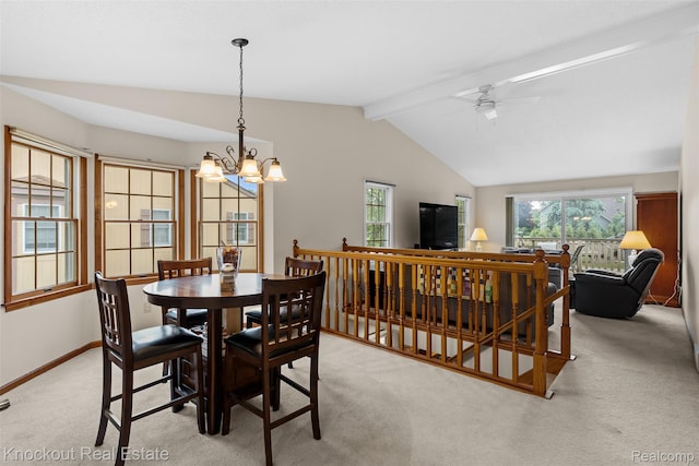 601 Churchgrove Rd, Frankenmuth, MI 48734 - dining area with light carpet, a chandelier, healthy amount of natural light, and ceiling fan