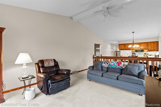 601 Churchgrove Rd, Frankenmuth, MI 48734 - living room with light carpet, baseboards, ceiling fan, and a chandelier