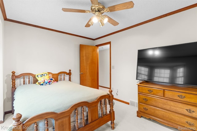 601 Churchgrove Rd, Frankenmuth, MI 48734 - bedroom with carpet floors, baseboards, ornamental molding, and a ceiling fan