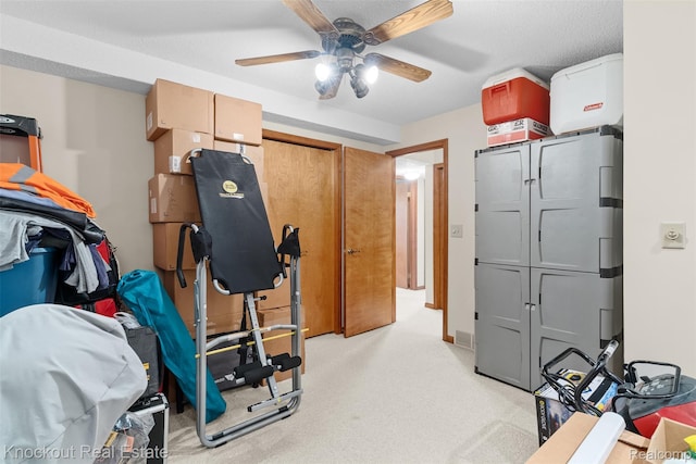 601 Churchgrove Rd, Frankenmuth, MI 48734 - exercise room with a ceiling fan and light carpet