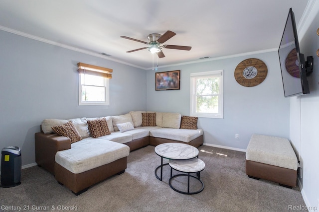 7641 N Inkster Rd, Westland, MI 48185 - carpeted living area with ceiling fan, ornamental molding, and baseboards