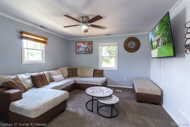 7641 N Inkster Rd, Westland, MI 48185 - living area featuring healthy amount of natural light, ornamental molding, ceiling fan, carpet floors, and baseboards