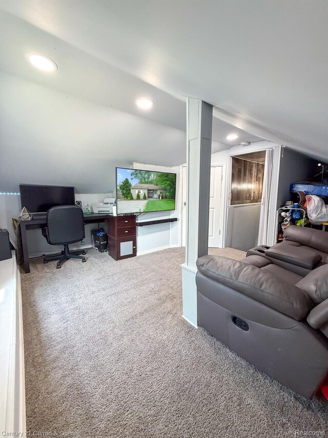 7641 N Inkster Rd, Westland, MI 48185 - living area with carpet, a desk, vaulted ceiling, and recessed lighting