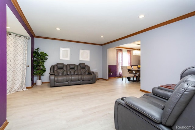 38649 Deerwood Ct, Northville, MI 48167 - living room featuring crown molding, baseboards, light wood-style floors, and recessed lighting