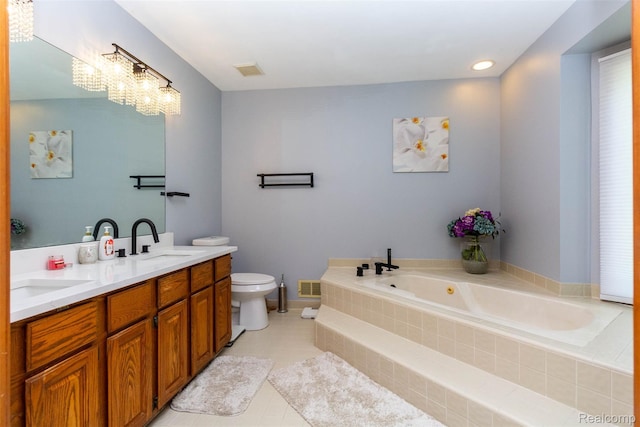 38649 Deerwood Ct, Northville, MI 48167 - bathroom featuring a whirlpool tub, double vanity, toilet, a chandelier, and tile patterned flooring