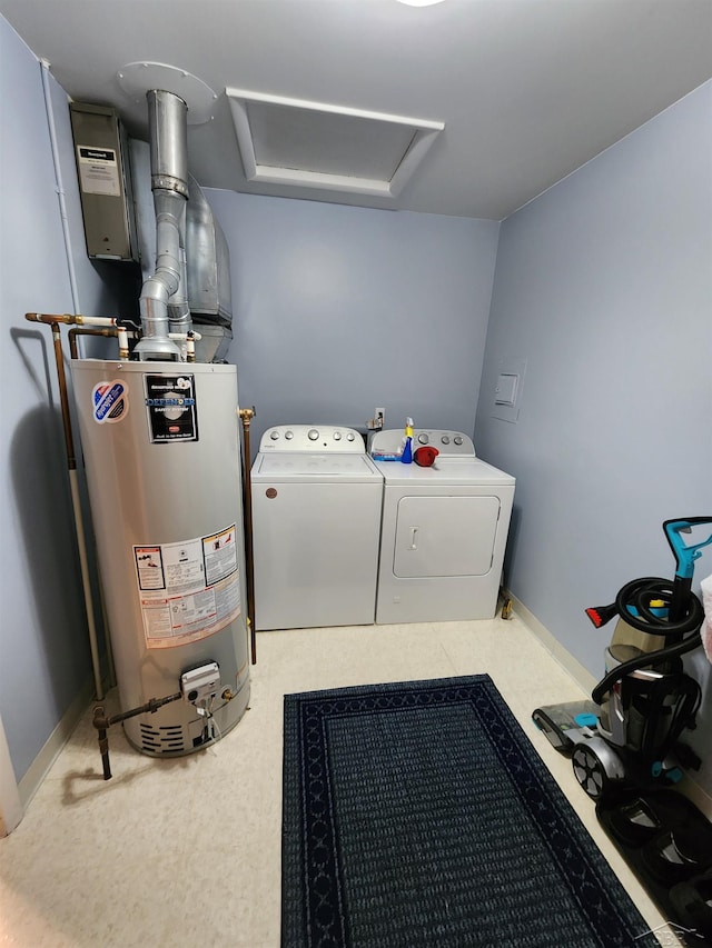 2285 Nebraska Ave, Saginaw, MI 48601 - laundry area featuring gas water heater, washer and dryer, attic access, tile patterned floors, and baseboards
