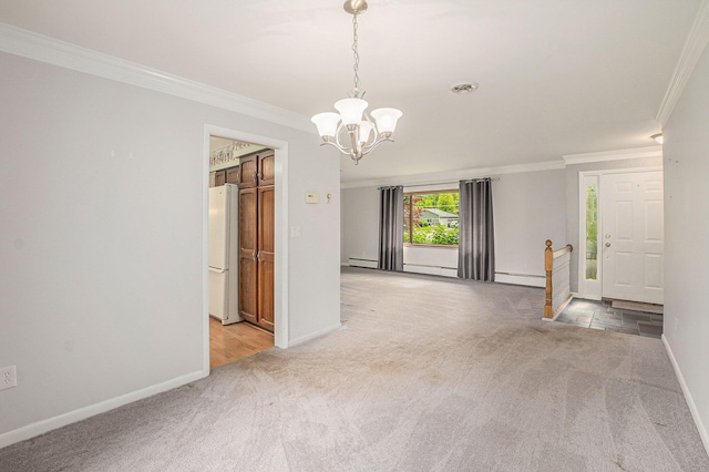 1269 Potomac Dr, Rochester Hills, MI 48306 - unfurnished room with crown molding, light colored carpet, a chandelier, baseboards, and baseboard heating