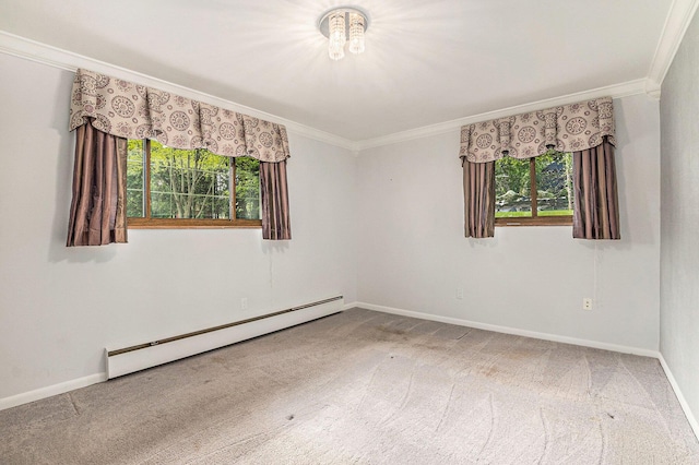 1269 Potomac Dr, Rochester Hills, MI 48306 - carpeted empty room featuring a baseboard heating unit, crown molding, plenty of natural light, and baseboards