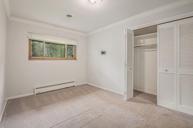 1269 Potomac Dr, Rochester Hills, MI 48306 - unfurnished bedroom featuring a baseboard radiator, carpet, ornamental molding, a closet, and baseboards