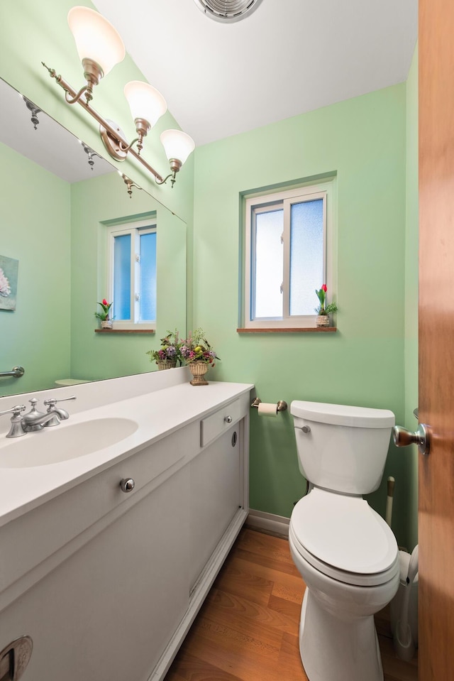 1269 Potomac Dr, Rochester Hills, MI 48306 - half bath featuring vanity, toilet, plenty of natural light, and wood finished floors