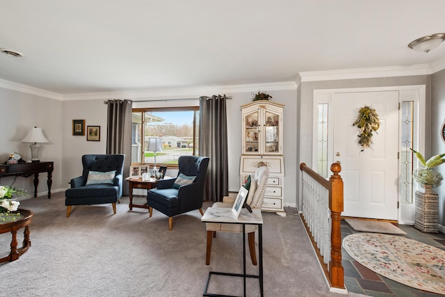 1269 Potomac Dr, Rochester Hills, MI 48306 - carpeted living room with ornamental molding and baseboards