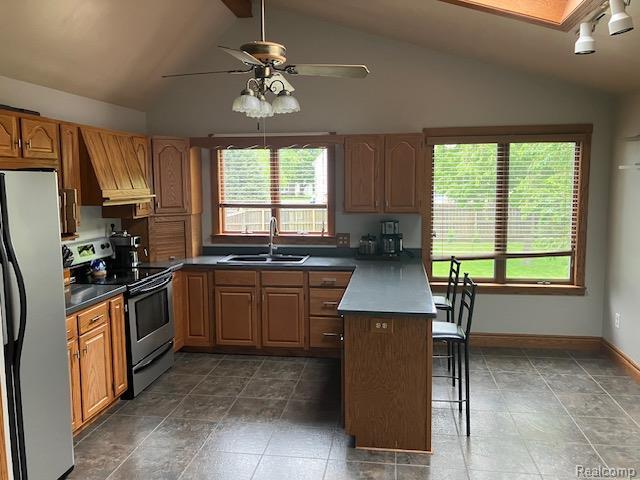 161 Fourth, Harbor Beach, MI 48441 - kitchen featuring appliances with stainless steel finishes, a sink, premium range hood, ceiling fan, and a breakfast bar