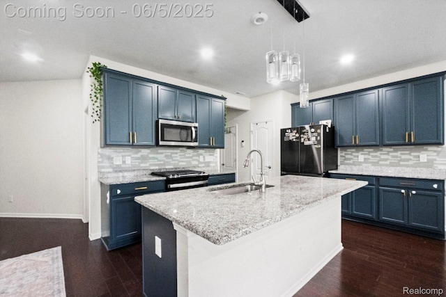 4782 Broomfield Way, Lake Orion, MI 48359 - kitchen featuring appliances with stainless steel finishes, a sink, blue cabinets, and backsplash