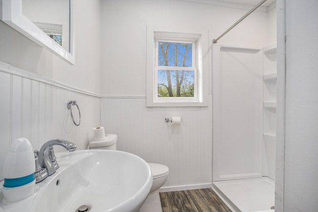 1702 Charles Ave, Kalamazoo, MI 49048 - full bath featuring a sink, a shower stall, toilet, wood finished floors, and wainscoting