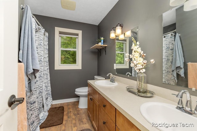 4160 Knapp Valley Dr NE, Grand Rapids, MI 49525 - bathroom with double vanity, wood finished floors, toilet, baseboards, and curtained shower